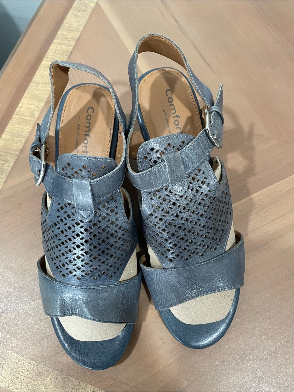 Comfortiva Blue-Gray Perforated Leather Slingback Sandals